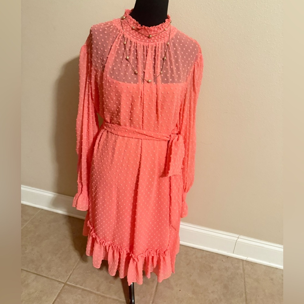 Alex Marie Coral Pink Swiss Dot Long-Sleeve Belted Dress 24W